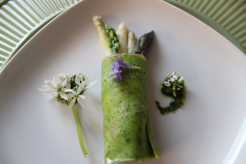 Wildkräuterpfannkuchen mit Spargel